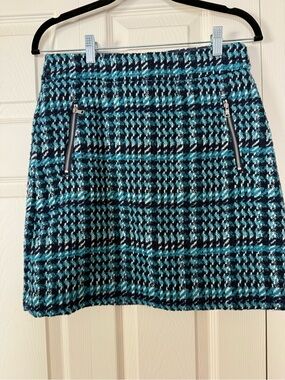 LOFT Teal and Navy Houndstooth Mini Skirt with Zip Pockets